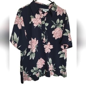 Alfred Dunner Blue Short Sleeve Blouse with Pink Roses, Size 14